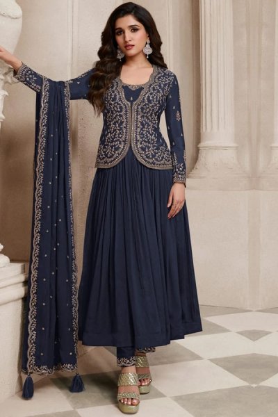 Navy Blue Chinon Silk Embroidered Anarkali Suit With Jacket, Bottom, & Dupatta