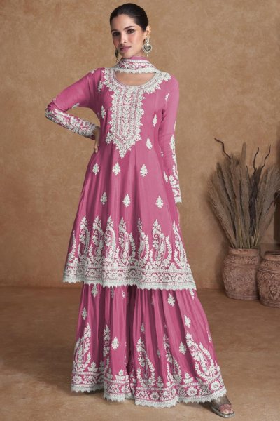 Pink Silk Embroidered Kurta & Sharara Set