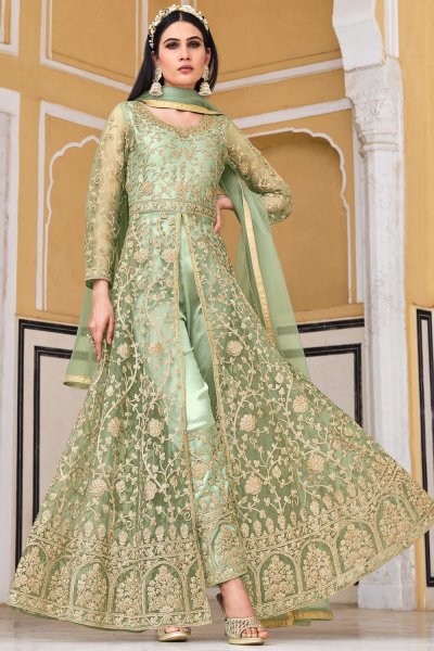 Light Green Net Embroidered Front Slit Anarkali Dress
