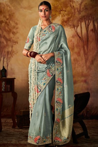 Blue Grey Tissue Silk Embroidered Kanjivaram Saree