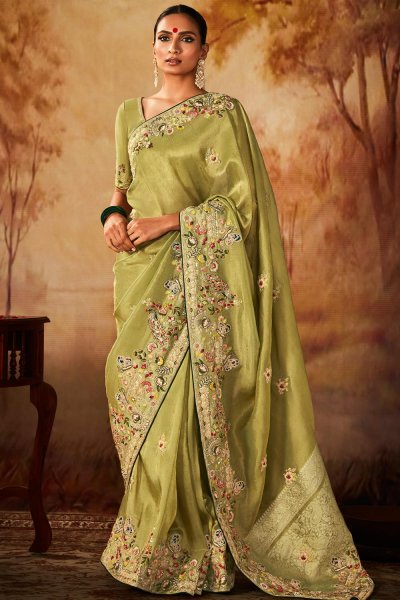 Olive Green Tissue Silk Embroidered Kanjivaram Saree