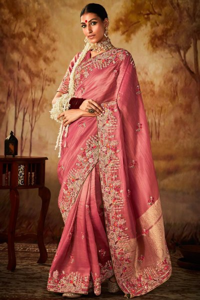Blush Pink Tissue Silk Embroidered Kanjivaram Saree