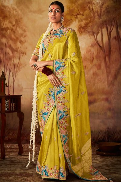 Yellow Tissue Silk Embroidered Kanjivaram Saree