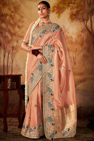 Peach Pink Tissue Silk Embroidered Kanjivaram Saree