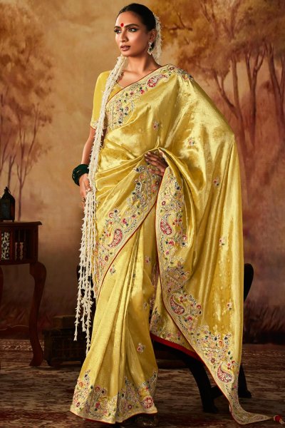 Light Yellow Tissue Silk Embroidered Kanjivaram Saree