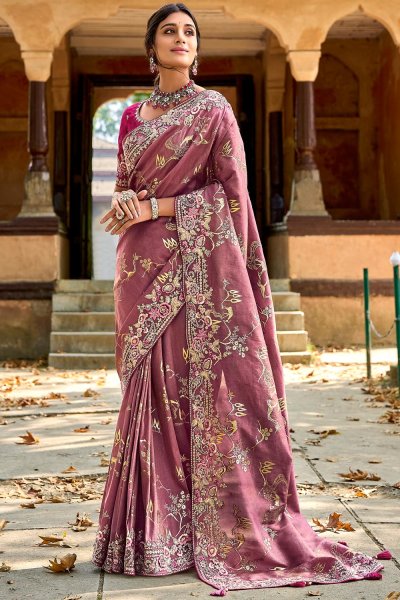 Rustic Rose Pink Silk Embroidered Saree