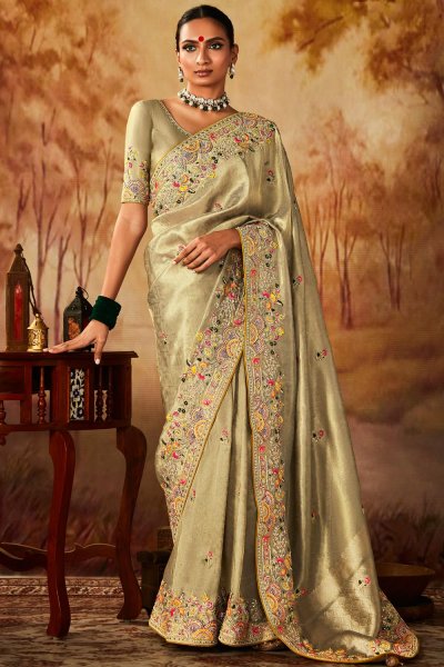 Stunning Green Gold Tissue Silk Embroidered Kanjivaram Saree