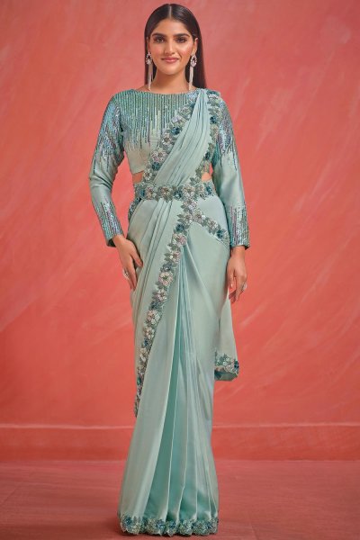 Pre-Draped Quick Wear Mint Luxe Fabric Embroidered Bordered Designer Saree With Belt