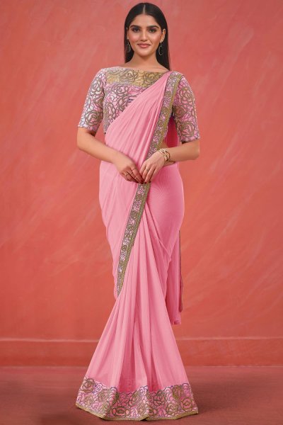 Pre-Draped Quick Wear Pink Luxe Fabric Embroidered Bordered Designer Saree