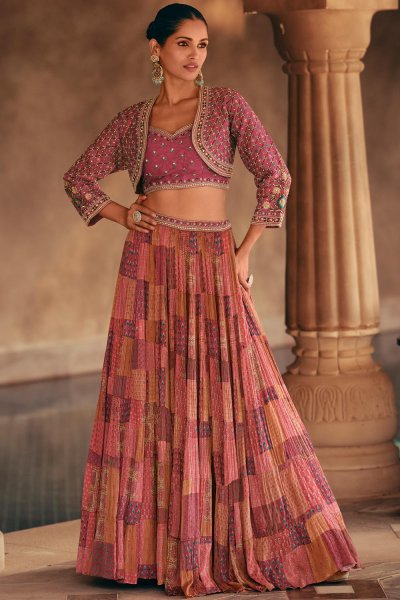 Rosewood Pink Silk Printed & Embroidered Top & Skirt Set With Jacket