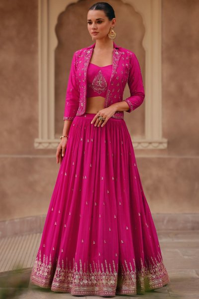 Beautiful Fuchsia Pink Chinon Silk Embroidered Top & Skirt Set With Jacket