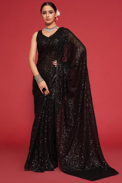 Black Designer Sparkling Sequin Embroidered Saree