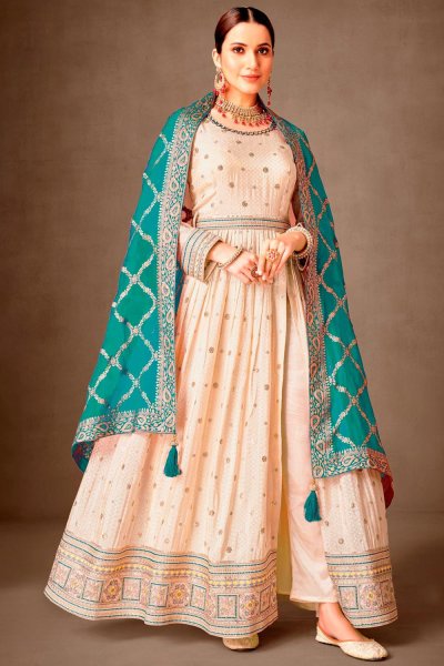 Ivory & Turquoise Tissue Silk Embroidered & Jacquard Anarkali Suit With Belt