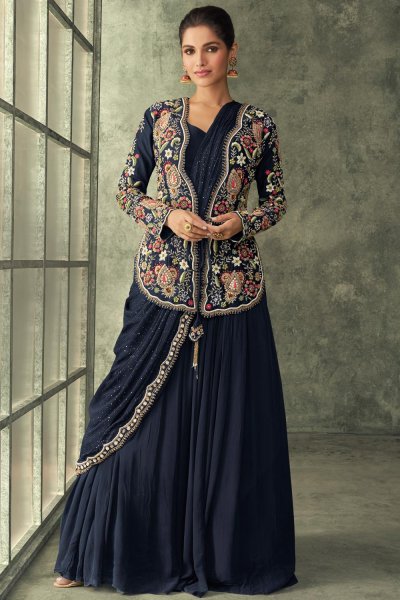 Navy Blue Georgette Saree Style Dress  With Silk  Embroidered Jacket