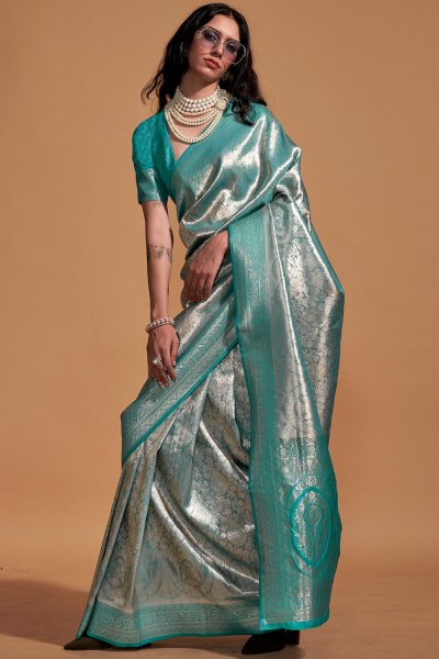 Turquoise Hand Woven Kanjivaram Silk Saree