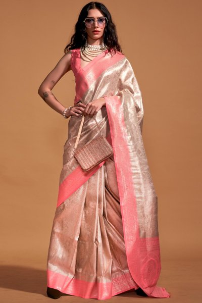 Coral & Ivory Hand Woven Kanjivaram Silk Saree