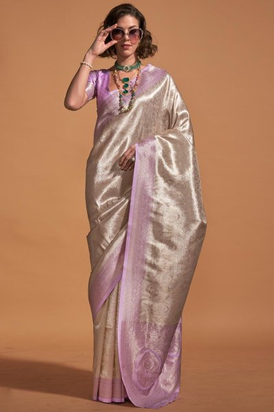 Silver & Lilac Hand Woven Kanjivaram Silk Saree