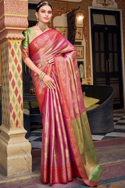 Pink & Green Handloom Zari Weaved Banarasi Silk Saree