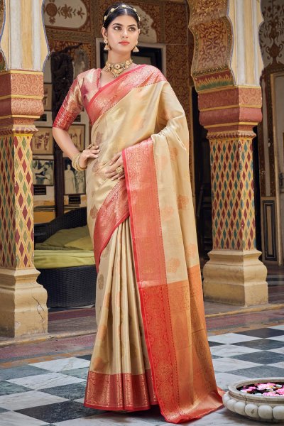Cream & Red Handloom Zari Weaved Banarasi Silk Saree