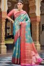 Blue & Red Handloom Zari Weaved Banarasi Silk Saree