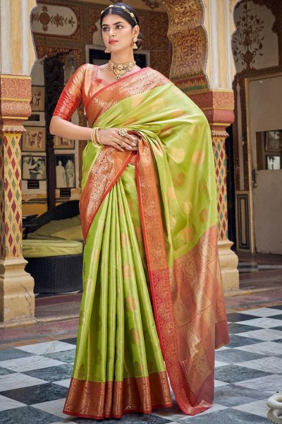Parrot Green Handloom Zari Weaved Banarasi Silk Saree