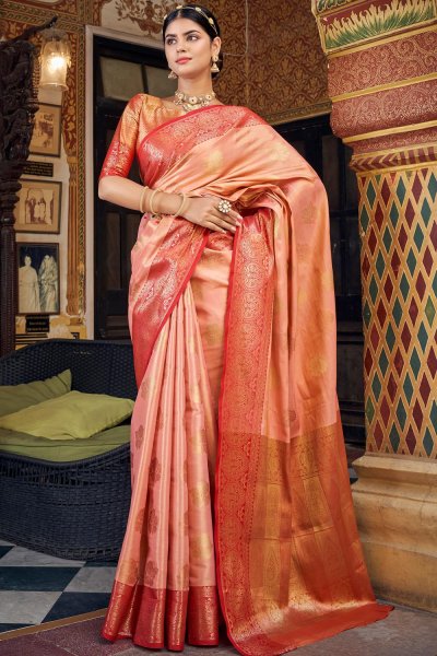 Peach Handloom Zari Weaved Banarasi Silk Saree
