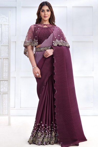 Wine Luxe Fabric Embroidered Saree