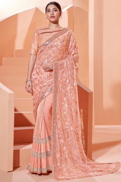 Peach Lycra Embroidered Party Wear Saree