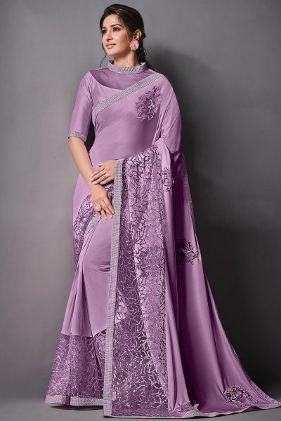 Lilac Lycra Embellished Party Wear Saree