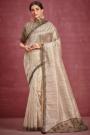 Cream Beige Organza Silk Printed & Embroidered Party Wear Saree