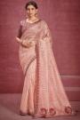 Peach Organza Silk Printed & Embroidered Party Wear Saree