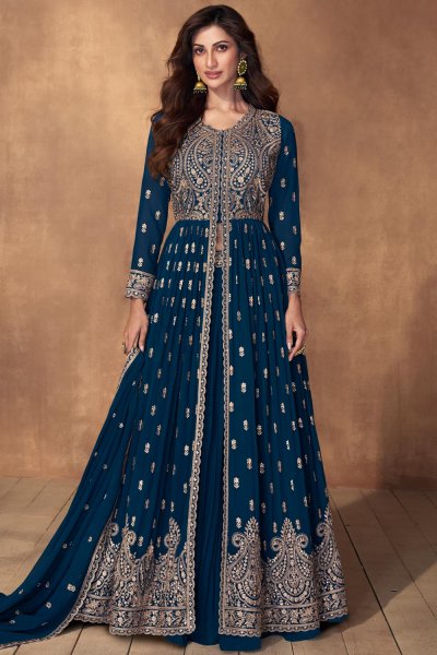 Prussian Blue Georgette Embroidered Anarkali Suit With Skirt