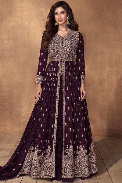 Plum Purple Georgette Embroidered Anarkali Suit With Skirt