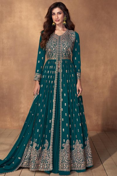 Teal Georgette Embroidered Anarkali Suit With Skirt