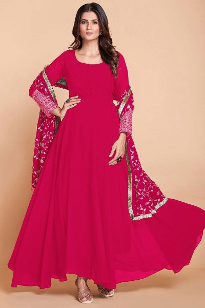 Ready To Wear Deep Red Pink Georgette Embroidered Anarkali Dress With Embroidered Dupatta