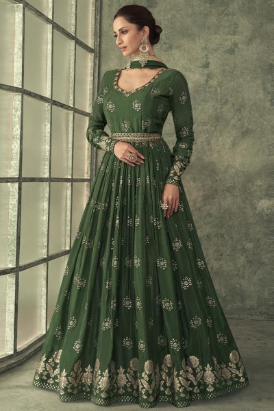 Forest Green Jacquard Silk Embroidered Anarkali Dress With Belt