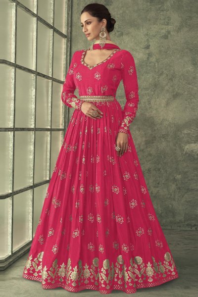 Fuchsia Pink Jacquard Silk Embroidered Anarkali Dress With Belt