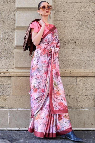 Blush Pink & Multicolor Printed Satin-Crepe Designer Saree