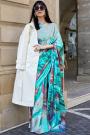 Aqua & Multicolor Printed Satin-Crepe Designer Saree