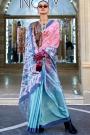 Sky Blue & Multicolor Printed Satin-Crepe Designer Saree