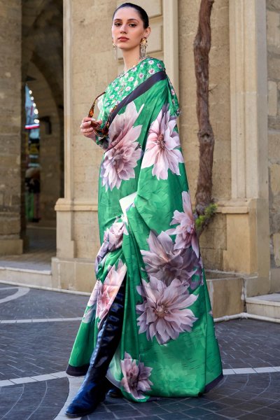 Green & Multicolor Printed Satin-Crepe Designer Saree