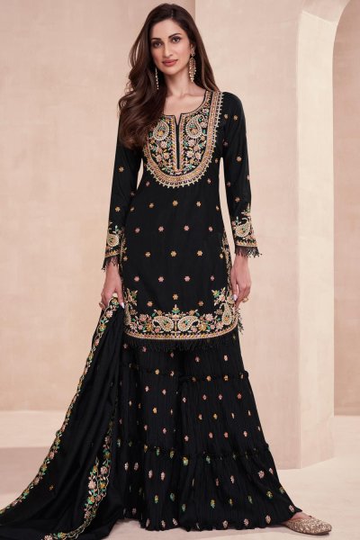 Black Silk Embroidered Sharara Suit Set