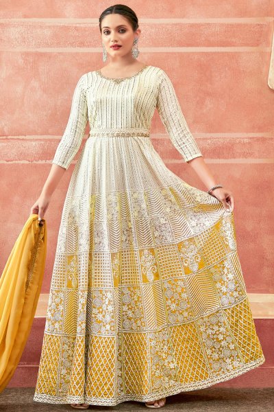 Ivory & Yellow Georgette Embroidered Anarkali With Dupatta & Belt