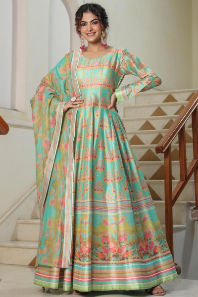 Mint Silk Printed Anarkali Suit