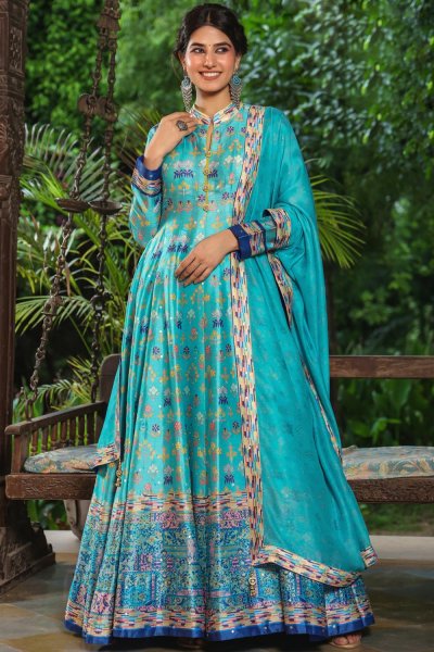 Blue Silk Printed Anarkali Suit