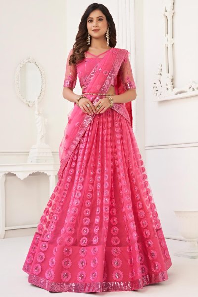 Fuchsia Pink Net Embroidered Lehenga Set