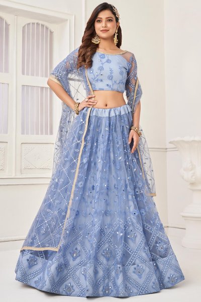 Cornflower Blue Net Embroidered Lehenga Set