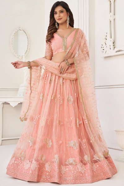 Peach Net Embroidered Lehenga Set