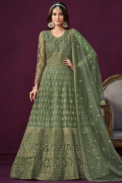 Fern Green Net Embroidered Anarkali Suit