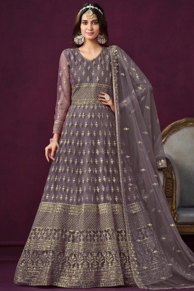 Dusty Lavender Net Embroidered Anarkali Suit